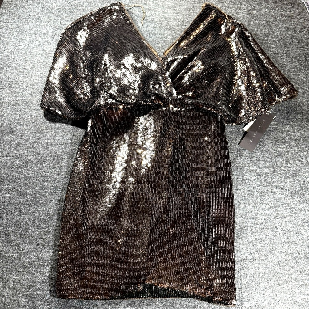 Aidan Mattox Sequin Mini Dress Bronze V Neck V Back Dolman Sleeve Cocktail